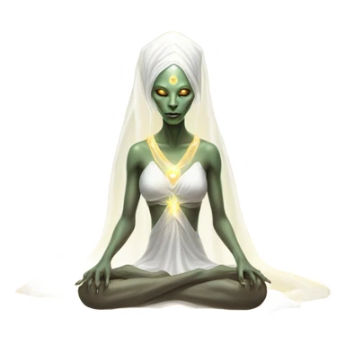 a Reptilian alien woman, white dress like a priestess, in meditation show aura sticker