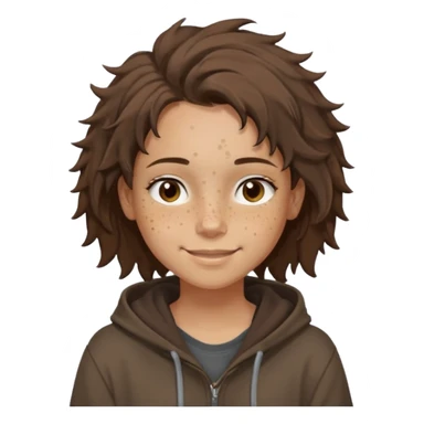 Hobo tomboy with light skin, freckles, dark brown shoulder-length hair in a messy style. Brown eyes, dark brown hoodie, brown shirt. sticker