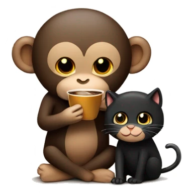 Coffee-colored monkey drinking coffee hugging black cat carrying a cake sticker