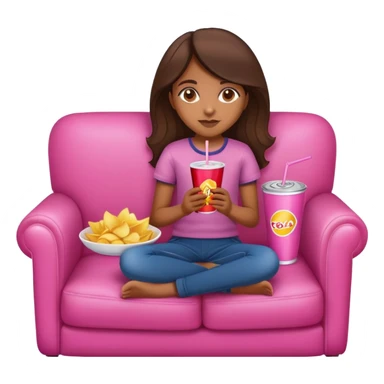 home brown girl with plate of chips and soda drink, sitting at the pink sofa sticker