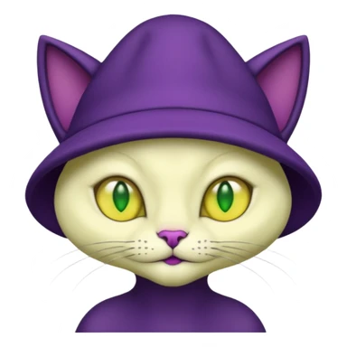 dark purple alien cat with no fur and yellow hat and green eyes sticker