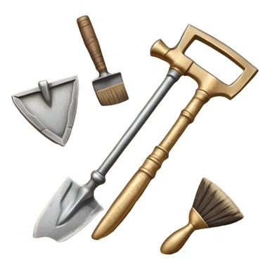 An icon showing archaeological tools—trowel, brush, and pickaxe—laid out on the sand, with the ancient Karnak temple ruins in the background. The design symbolizes exploration and discovery of ancient Egyptian history. Transparent background sticker