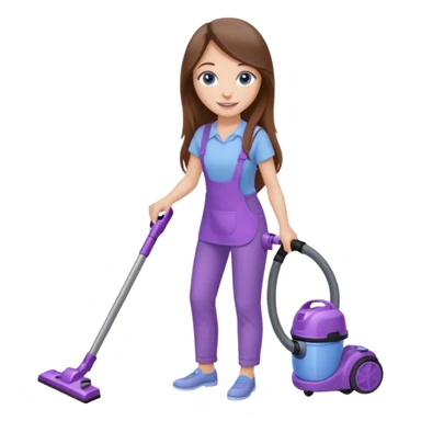 beautiful girl with long brown hair, blue eyes and wearing light purple clothes, cleaning and vacuuming sticker