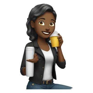 African American female talking on cellphone and holding a coffee wearing black shirt and jeans  sticker