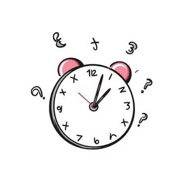 hand-drawn doodle of a clock with numbers flying, pink accents, playful sticker