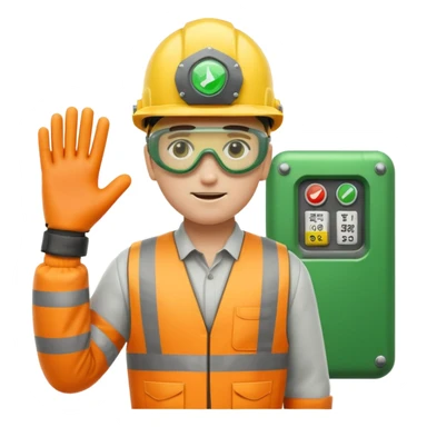 modern emoji icon of worker in helmet goggles gloves standing by guarded industrial machine with green shield safety signs industrial color palette yellow orange gray green emphasizing protection regulation machinery safety sticker