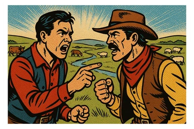 A homesteader having an argument with a cattle rancher cowboy in the grasslands of the American West in the 1870s. There are cattle and sheep grazing in the background with a small stream running through the land. sticker