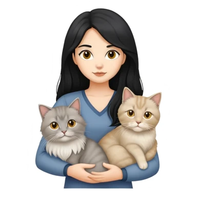 black hair girl holding a grey longhair cat and a british longhair golden cat and two british white longhair cat sticker