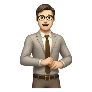 To belt Actively gesturing with hands Pale skinned fit man teacher with dark brown hair in gray jacket, beige office shirt, brown tie, brown pants and vintage glasses. sticker