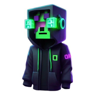 Minecraft Creeper wearing a black hoodie with "OMG" letters on it and VR headset in a cyberpunk VR environment with violet neon lighting. sticker