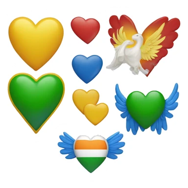Yellow heart, green heart, Irish flag, blue heart, wings around red heart in a row sticker