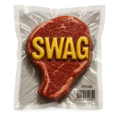 steak with gold lettering 'SWAG' on top, glossy and puffy vacuum-sealed style sticker