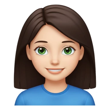 Create a girl with dark brown straight hair and bluey green eyes, cartoon emoji sticker