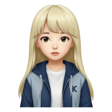 Portrait of a young female K-pop idol, wearing a stylish streetwear outfit with layered clothing, long hair with bangs, cool face sticker