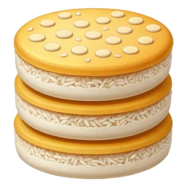 round airy rice cake with lightly puffed bubbled texture, pale off-white color, slightly uneven surface with hints of toasted golden grains, small stack or single crisp, light crunchy appearance, soft lighting, subtle shadows, emoji scale sticker