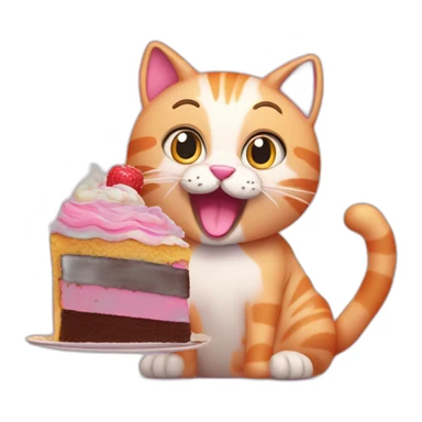 A cheerful pink cat eats a cake and waves its paw  sticker