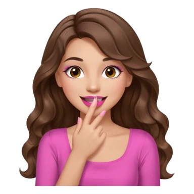 girl with long wavy brown hair, brown eyes, long lashes makeup, pink lips, light to medium complexion, pink sexy top, smiling, hand covering the mouth, giggling sticker