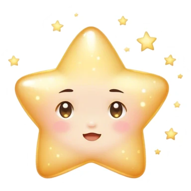 Cinematic cute sparkling star, chubby rounded edges, golden glow, tiny blushing cheeks, warm and gentle shine, twinkling softly in a pastel night sky. sticker