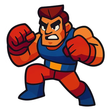 a tough brawler character, muscular, ready to fight, in a dynamic pose, vibrant toon style sticker