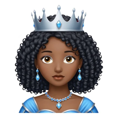 Por favor hazme el emoji de la princesa pero morena con el pelo negro y rizado, los ojos marrones y la corona plateada con jollas azules sticker