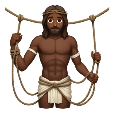Dark skin christ Jesus tied to ropes with injured  sticker