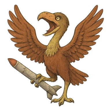 an insignia for a flag: a strange foreign alien bird creature, resembling a prehistoric phorusrhacos, gripping a sidewinder missile in its' powerful claw, standing up on its' other claw, cawing fiercely, wings spread in defiance.
 sticker