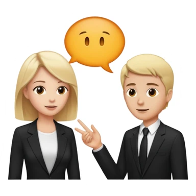 blonde woman in black suit talking to brown-haired man in white t-shirt sticker