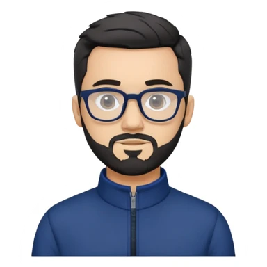 Light-skinned male with short black hair styled up, gray short beard, black-framed glasses, navy blue zip-collar sports long sleeve shirt sticker