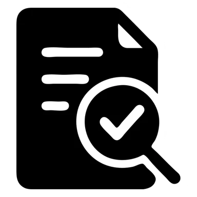 icon of a document with a magnifying glass and a checkmark sticker