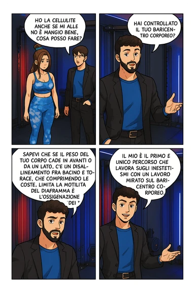 TRASFORMA QUESTO CAROSELLO IN UN FUMETTO STILE MANGA A COLORI CON QUESTE DUE PERSONE IDENTICHE CHE INTERLOQUISCONO TRA LORO:

LEI: Ho la cellulite anche se mi alleno e mangio bene, cosa posso fare?

LUI: Hai controllato il tuo baricentro corporeo?
LUI: Sapevi che se il peso del tuo corpo cade in avanti o da un lato, c’è un disallineamento fra bacino e torace, che comprimendo le coste, limita la motilità del diaframma e l’ossigenazione dei tessuti?
LUI: Il mio è il primo e unico percorso che lavora sugli inestetismi con un lavoro mirato sul baricentro corporeo. sticker