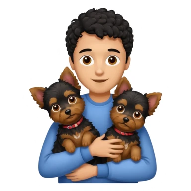Young man with little brown skin, black curly hair, cheerful dark brown eyes, hugging two Yorkie dogs sticker