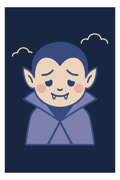 2D shy vampire emoji looking down with blush, fangs barely visible, hint of fear in eyes, dark moody background sticker