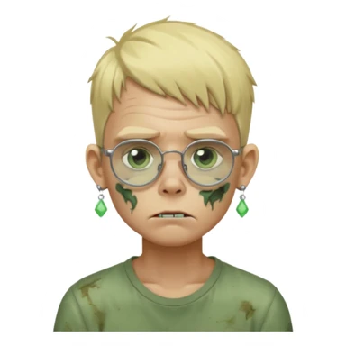 make a blond zombie boy, with a tired appearance, he wears frameless glasses, and 1 earring in each ear, a point of light earring style sticker