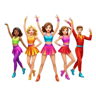 Icon for Contemporary Dance: a synchronized guys and girls group performance on stage with backup dancers in bright, modern outfits and dynamic lighting. The icon should capture the energy and coordination of a dance routine, with a focus on movement and stage presence. Transparent background. sticker