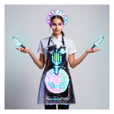 Portrait of a futuristic baker in skeuomorphism style, same pose and lighting as previous levels, wearing a translucent apron with holographic patterns, glowing hologram interface floating around hands, holding a digital whisk made of light beams, subtle neon reflections on face and clothes sticker