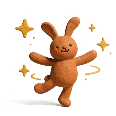 floppy bunny twirling with sparkles, claymation style sticker