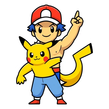 Hot handsomeb muscular 6ft tall smiling happy fun shirtless Ash Ketchum giving clothes free Pikachu a high five sticker