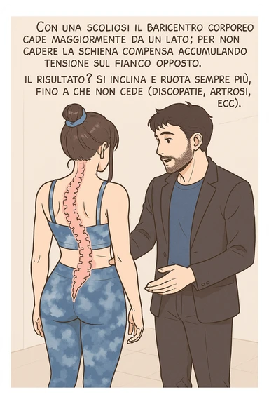 fai questa immagine in versione manga/webtoon a colori, il manga mostra la donna di spalle, mentre l'uomo le tocca la spina dorsale per spiegarle come funziona la scoliosi:
Con una scoliosi il baricentro corporeo cade maggiormente da un lato; per non cadere la schiena compensa accumulando tensione sul fianco opposto.
Il risultato? Si inclina e ruota sempre più, fino a che non cede (discopatie, artrosi, ecc) sticker