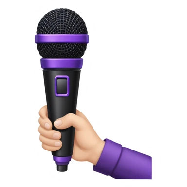 hand holding black stage microphone with purple strip on bottom sticker