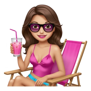 girl with long wavy brown hair, brown eyes, long lashes makeup, sexy pink lips, smiling, light to medium complexion, wearing a pink sexy silk top, relaxing in a beach chair, wearing black sunglasses, holding a drink, palm trees beach background  sticker