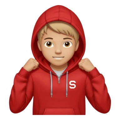 make me an emoji of an americain 19 yearold boy in a red hoodie that says "south" on it and give him with tan skin with his hands in his hands in his pocket wth a small smile flexing his muscles with his hood on sticker