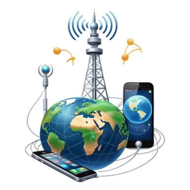 An icon featuring a communication tower with signal waves, satellites in orbit, and fiber optic cables. The design includes a smartphone and an earth with connection lines, symbolizing global communication networks. Transparent background  sticker