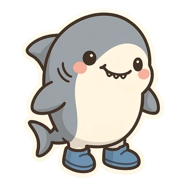 smiling shark with blue shoes, simple and friendly sticker