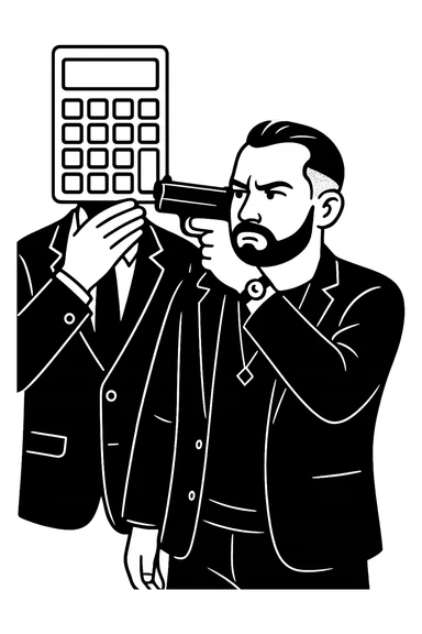 Используя такую стилистику и точно такого же героя, ему приставил к виску пистолет, а другой рукой закрывает рот фигура, у которого вместо головы калькулятор, прозрачный фон sticker