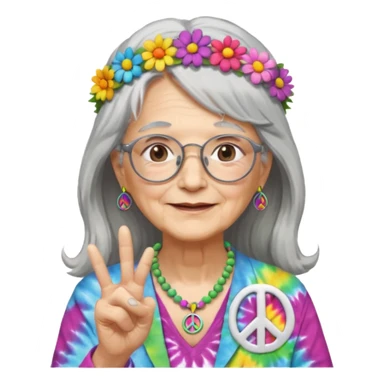 elderly woman with long grey hair, glasses, peace sign necklace, tie-dye clothing, flower crown sticker