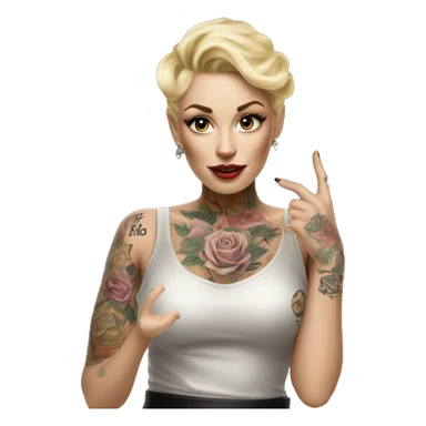 Blonde elegant women, her Body Covered with Tattoos, POINTING to YOU FORWARD with her ONE HAND , Hyper realistic sticker