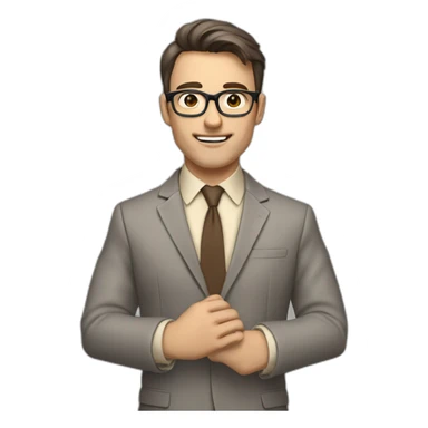 To belt Actively gesturing with hands Pale skinned fit man with dark brown hair in gray jacket, beige office shirt, brown tie, brown pants and vintage glasses. sticker