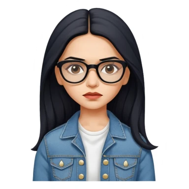 generate a pretty bratz emoji 
Make her wear a white dress with a denim jacket over it.long  black hair in a side part 

She should look exactly  like Deepika padukone! wearing tiny rectangular spectacle, looking sad sticker