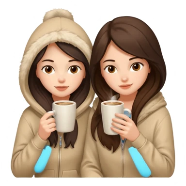 2 brunette girls sitting cozily in a beige fur hoodie sipping coffee sticker