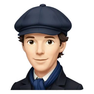 sherlock holmes benedict cumberbatch smile, wearing a deerstalker hat, Long dark coat, Dark suits, dark Blue scarf sticker